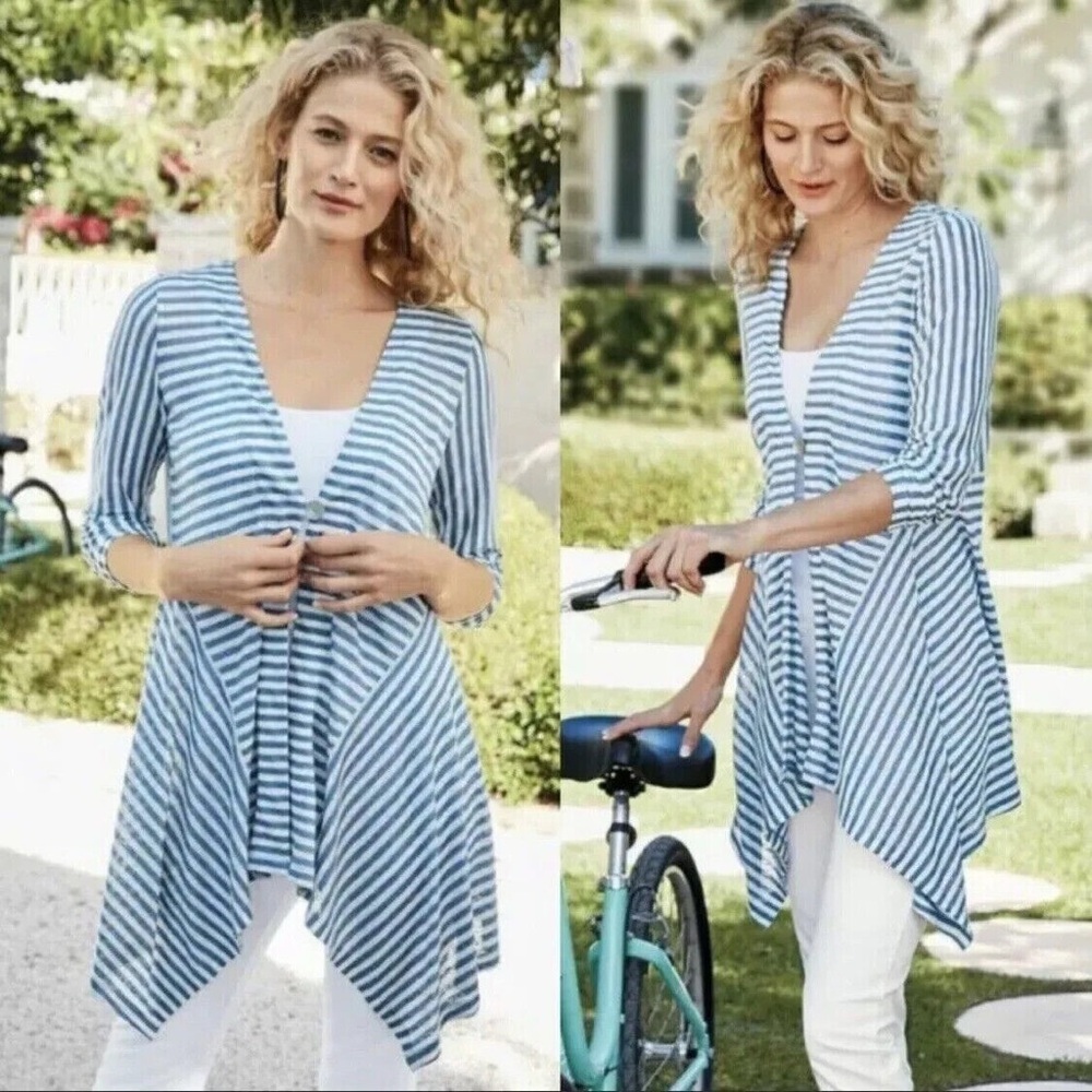 Soft Surroundings Cascadia Blue and White Linen Striped Cardigan Medium